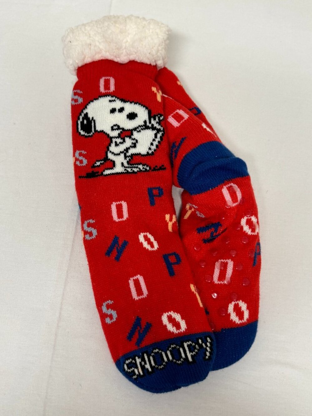 Peanuts Snoopy Sherpa Slipper Socks Red Non Slip Gripper Cozy Lounge Socks